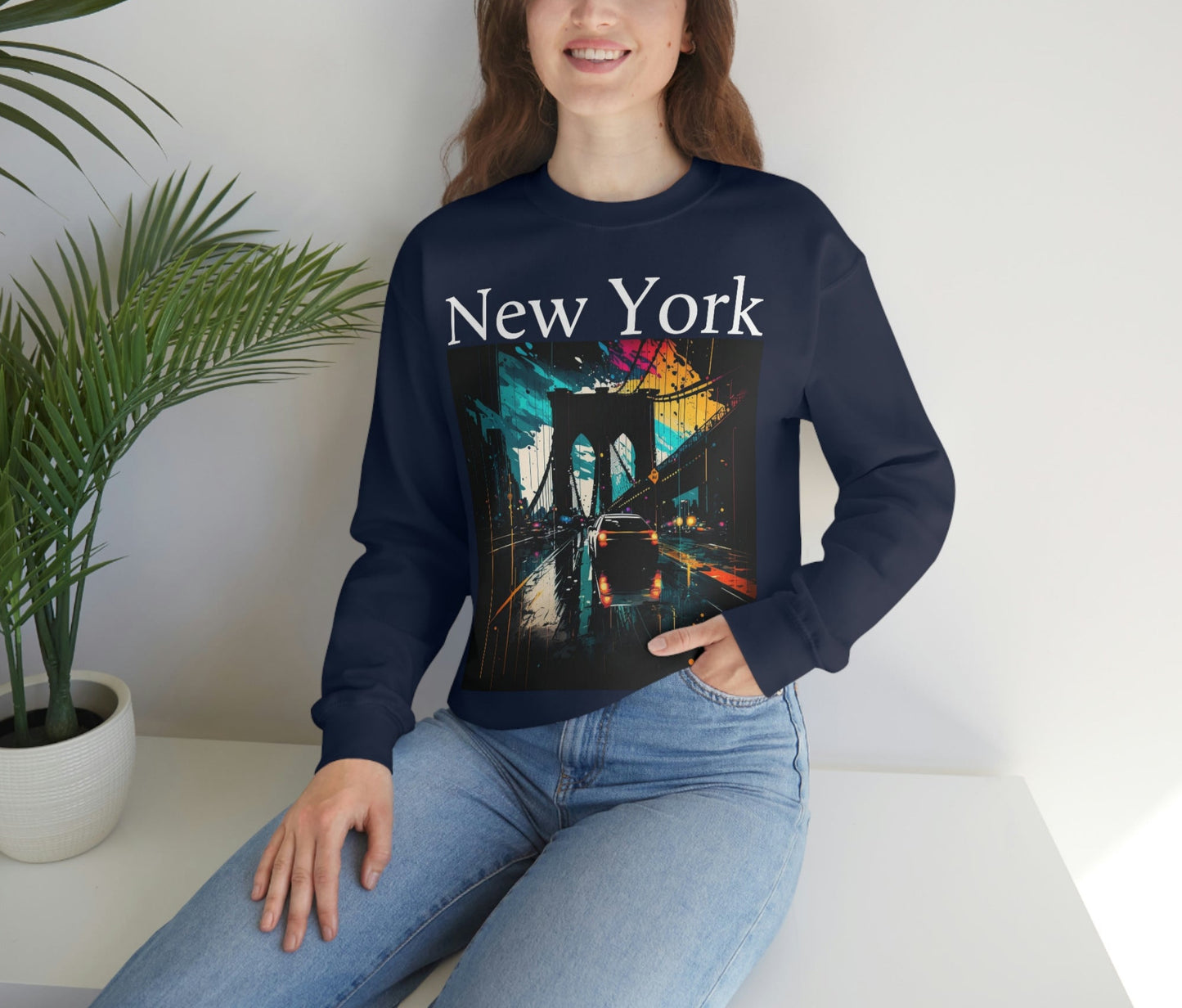 Rushing The Brooklyn Bridge In New York City. Original Art. Unisex Heavy Blend Crewneck Sweatshirt.