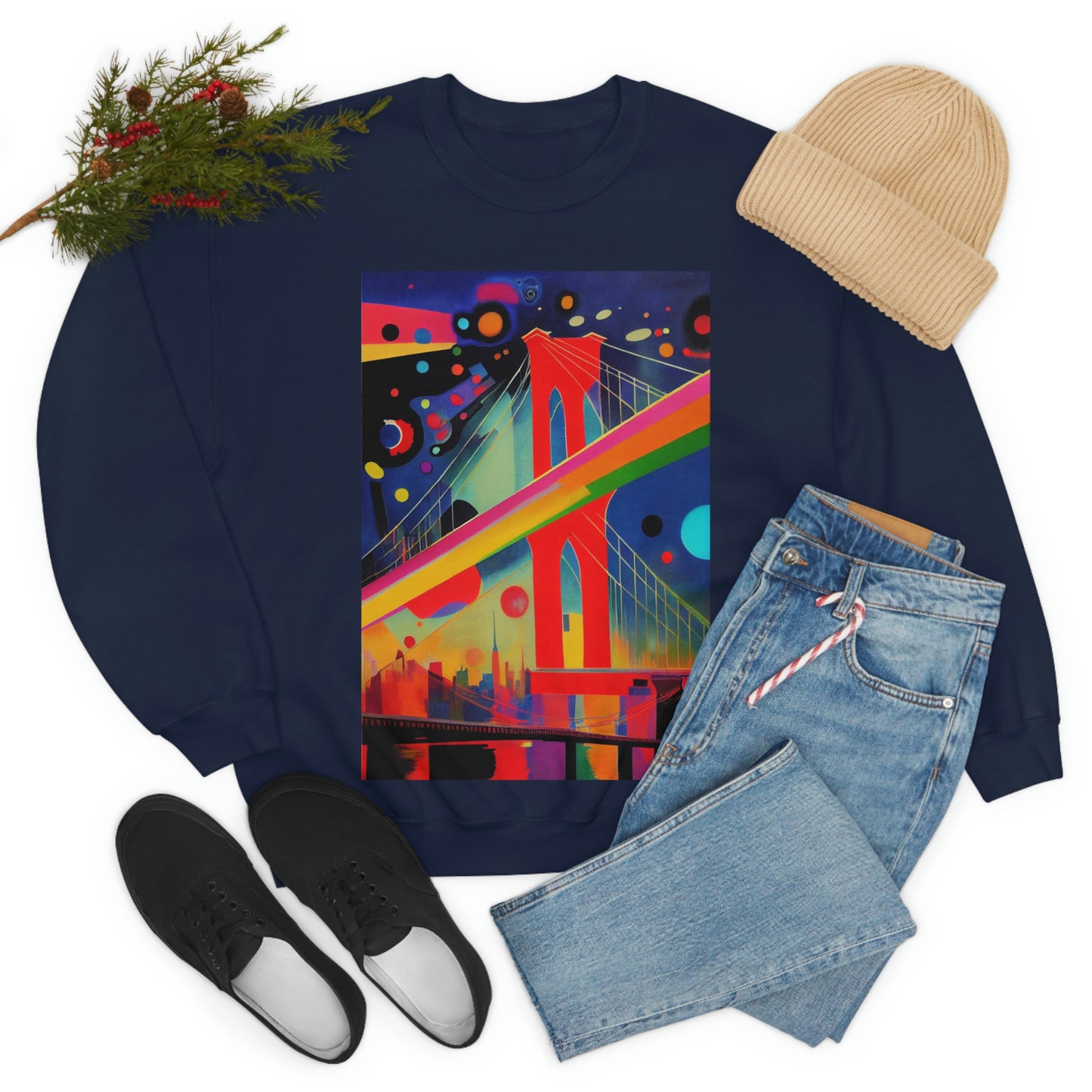The Brooklyn Bridge, New York City. Cubism Original Art. Unisex Heavy Blend Crewneck Sweatshirt.