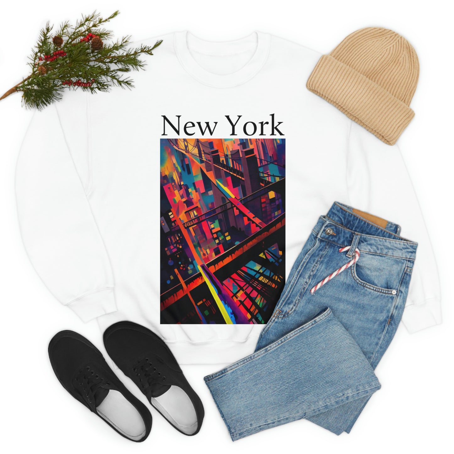 New York Historic Brooklyn Bridge In A Cubism Original Art. Unisex Heavy Blend Crewneck Sweatshirt.