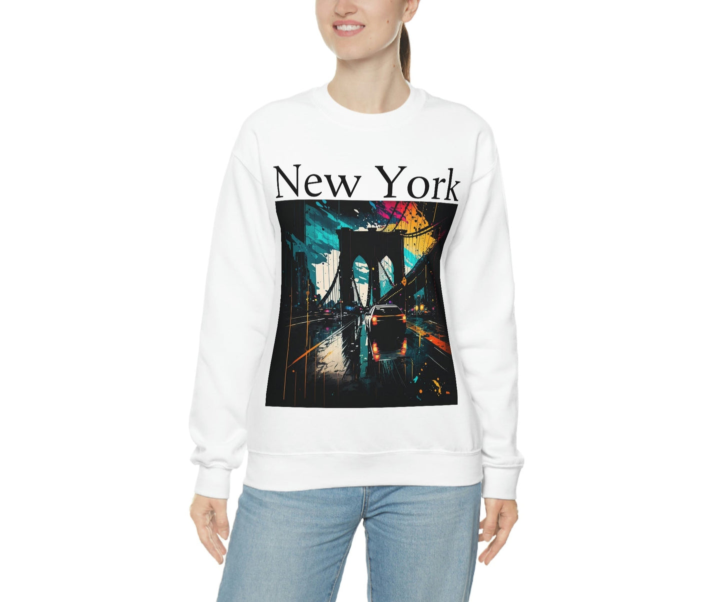 Rushing The Brooklyn Bridge In New York City. Original Art. Unisex Heavy Blend Crewneck Sweatshirt.