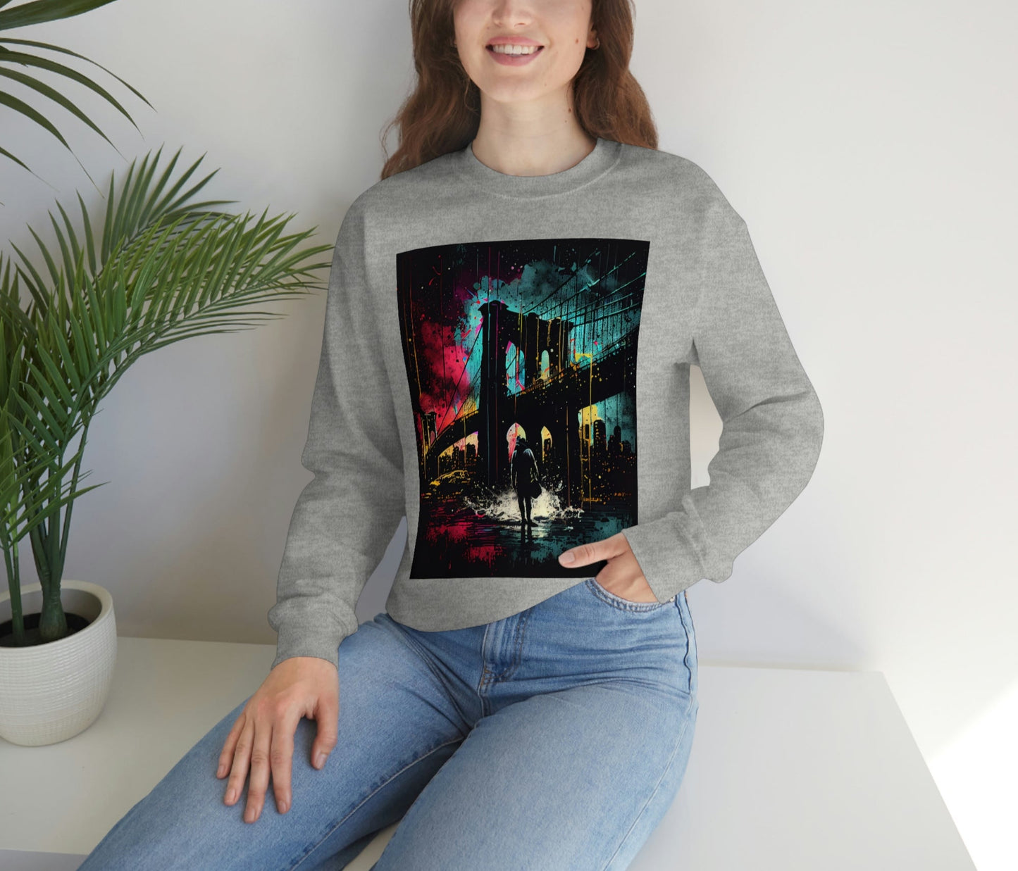 Night At The New York City Iconic Brooklyn Bridge. Original Art. Unisex Heavy Blend Crewneck Sweatshirt.