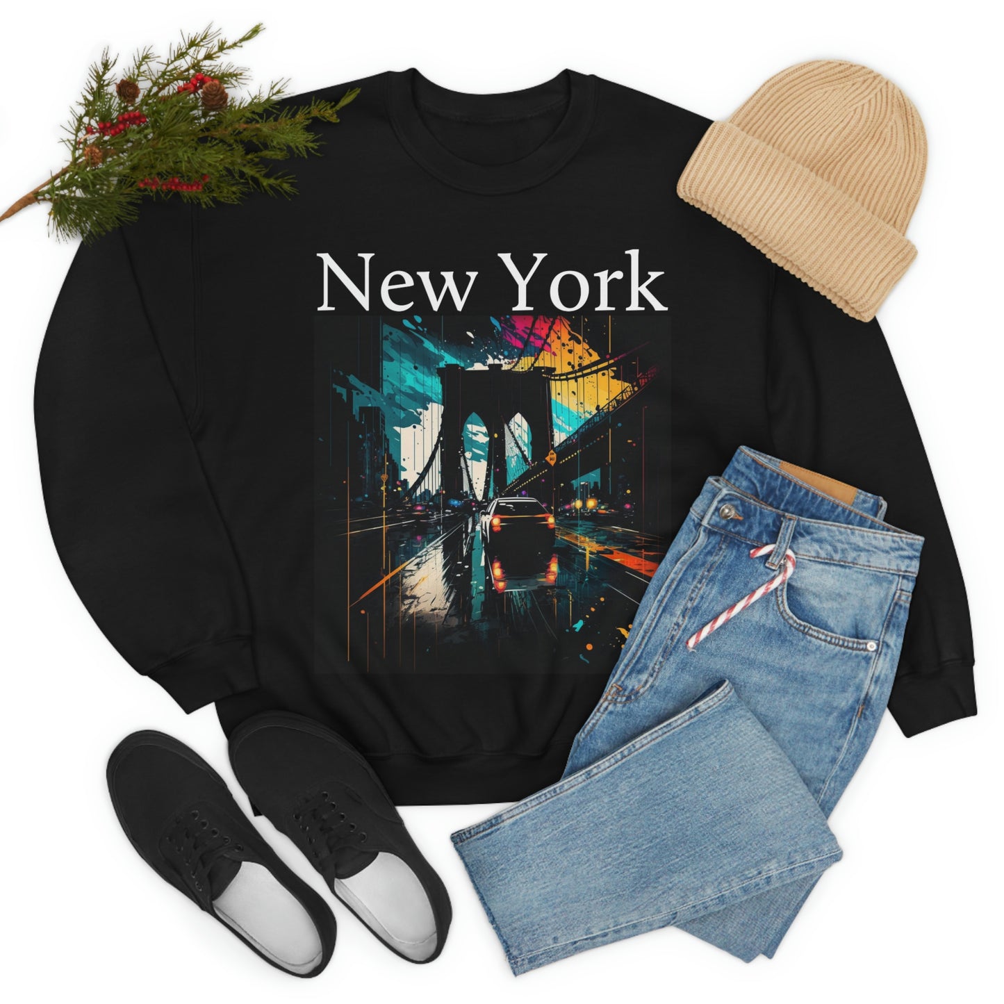 Rushing The Brooklyn Bridge In New York City. Original Art. Unisex Heavy Blend Crewneck Sweatshirt.