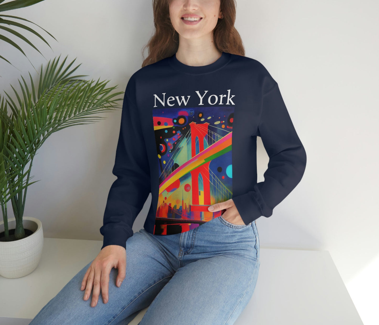 Colorful Night at The Brooklyn Bridge, New York City. Original Art. Unisex Heavy Blend Crewneck Sweatshirt.