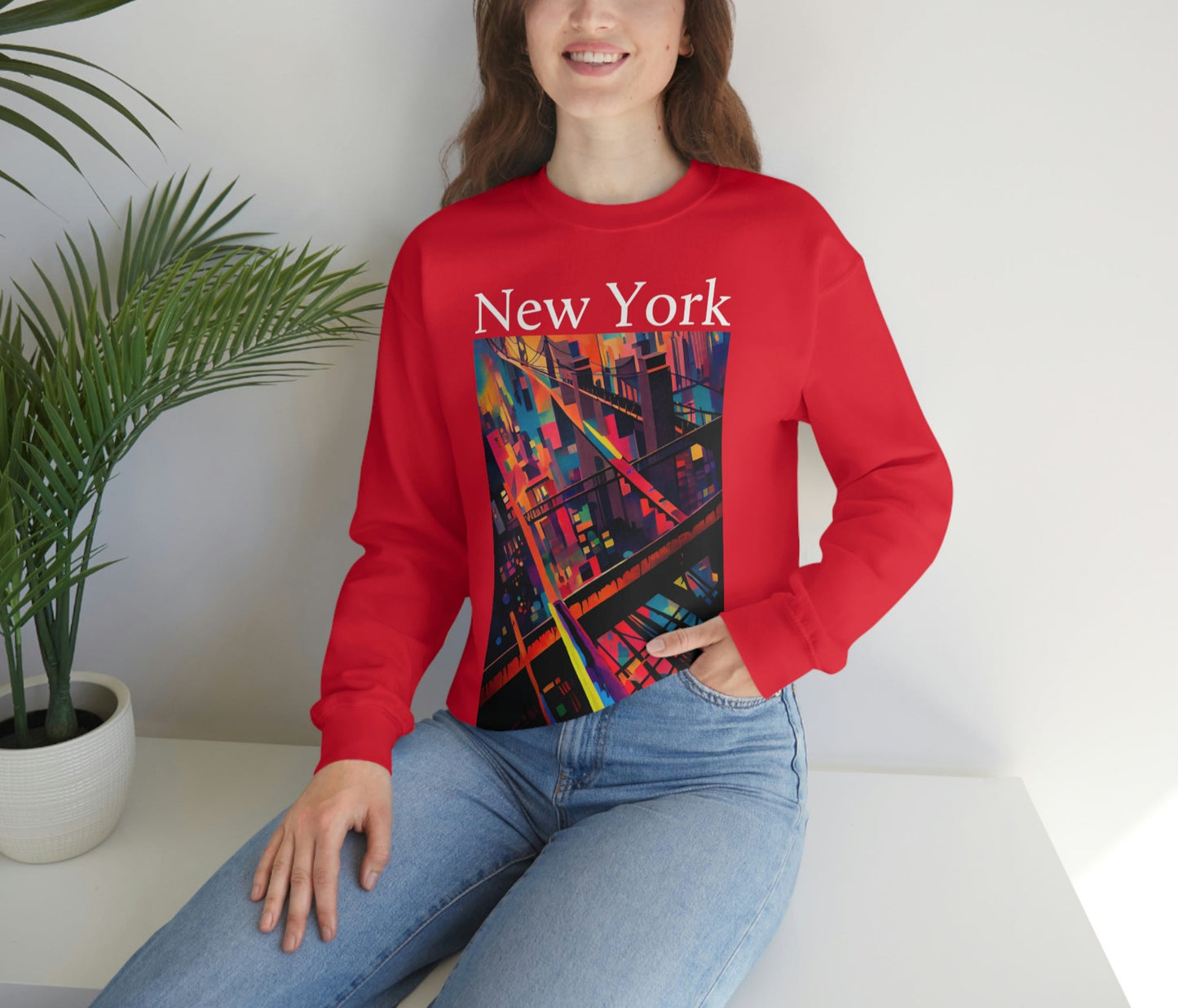 New York Historic Brooklyn Bridge In A Cubism Original Art. Unisex Heavy Blend Crewneck Sweatshirt.