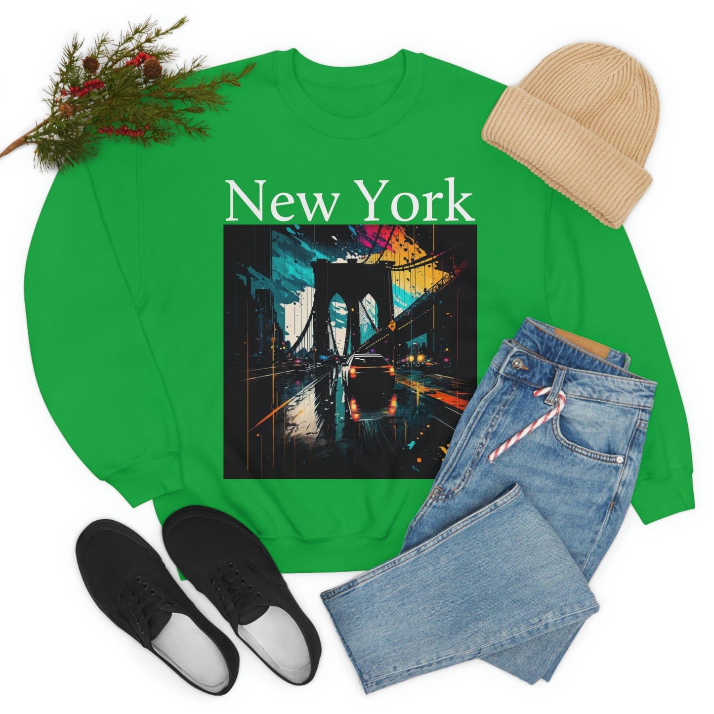Rushing The Brooklyn Bridge In New York City. Original Art. Unisex Heavy Blend Crewneck Sweatshirt.