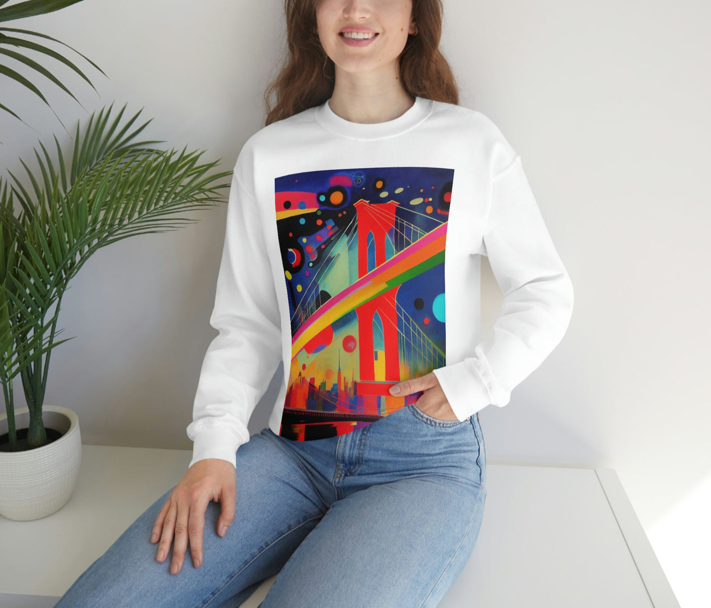 The Brooklyn Bridge, New York City. Cubism Original Art. Unisex Heavy Blend Crewneck Sweatshirt.
