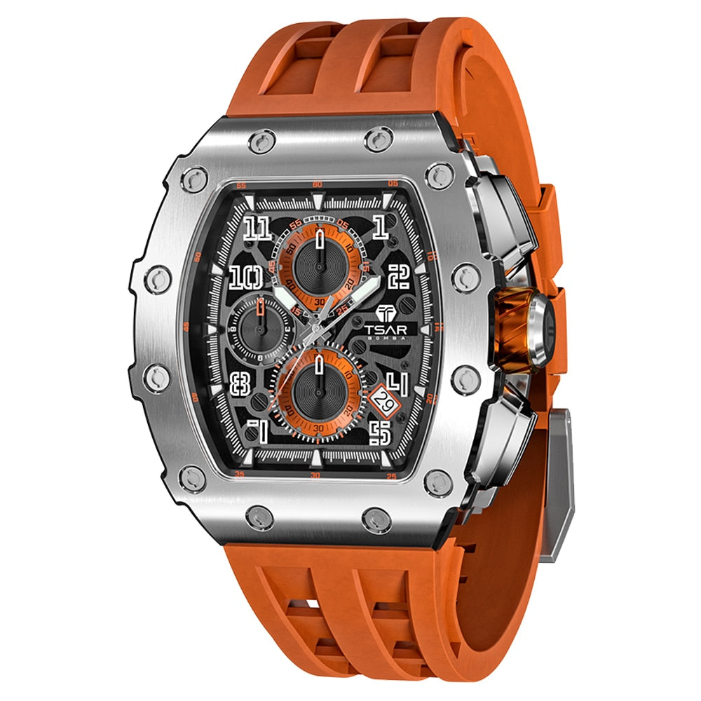 TSAR BOMBA Mens Watch Top Brand Luxury Tonneau Clock 50M Waterproof Stainless Steel Wristwatch Sport Chronograph Watch for Men