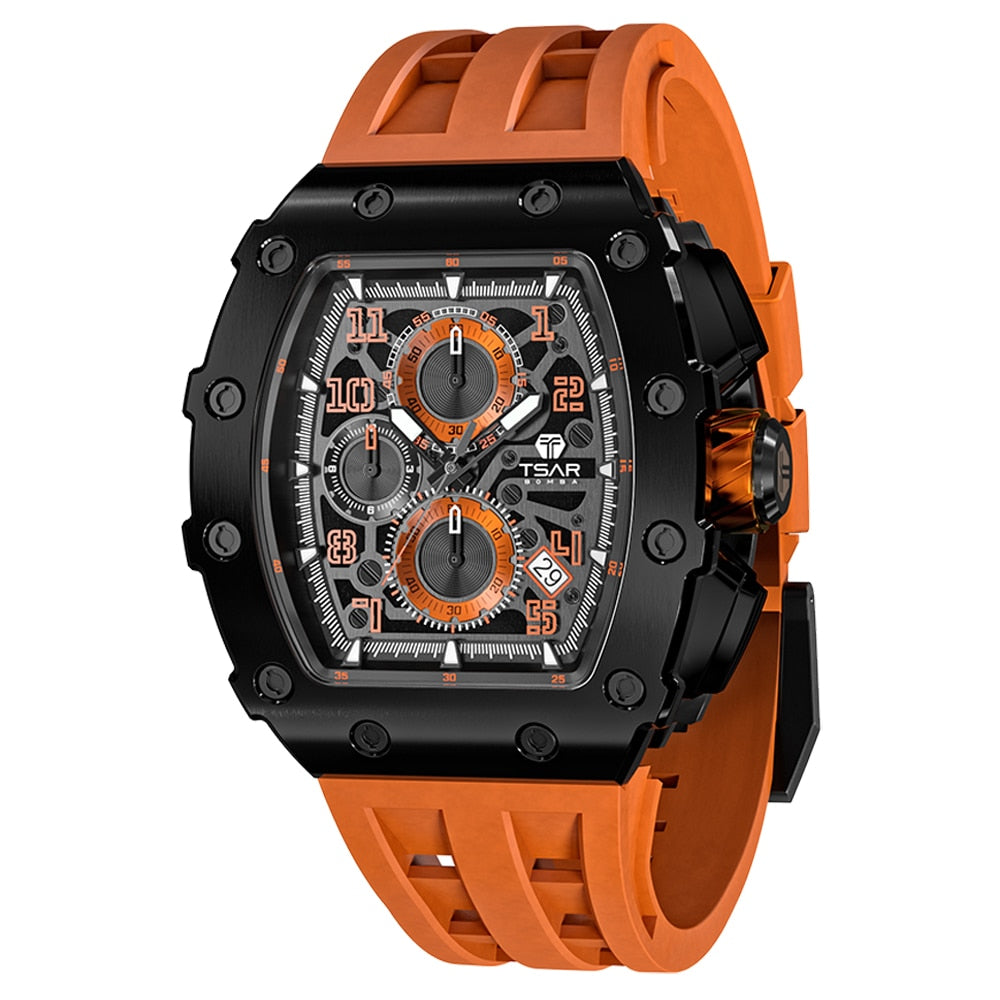 TSAR BOMBA Mens Watch Top Brand Luxury Tonneau Clock 50M Waterproof Stainless Steel Wristwatch Sport Chronograph Watch for Men