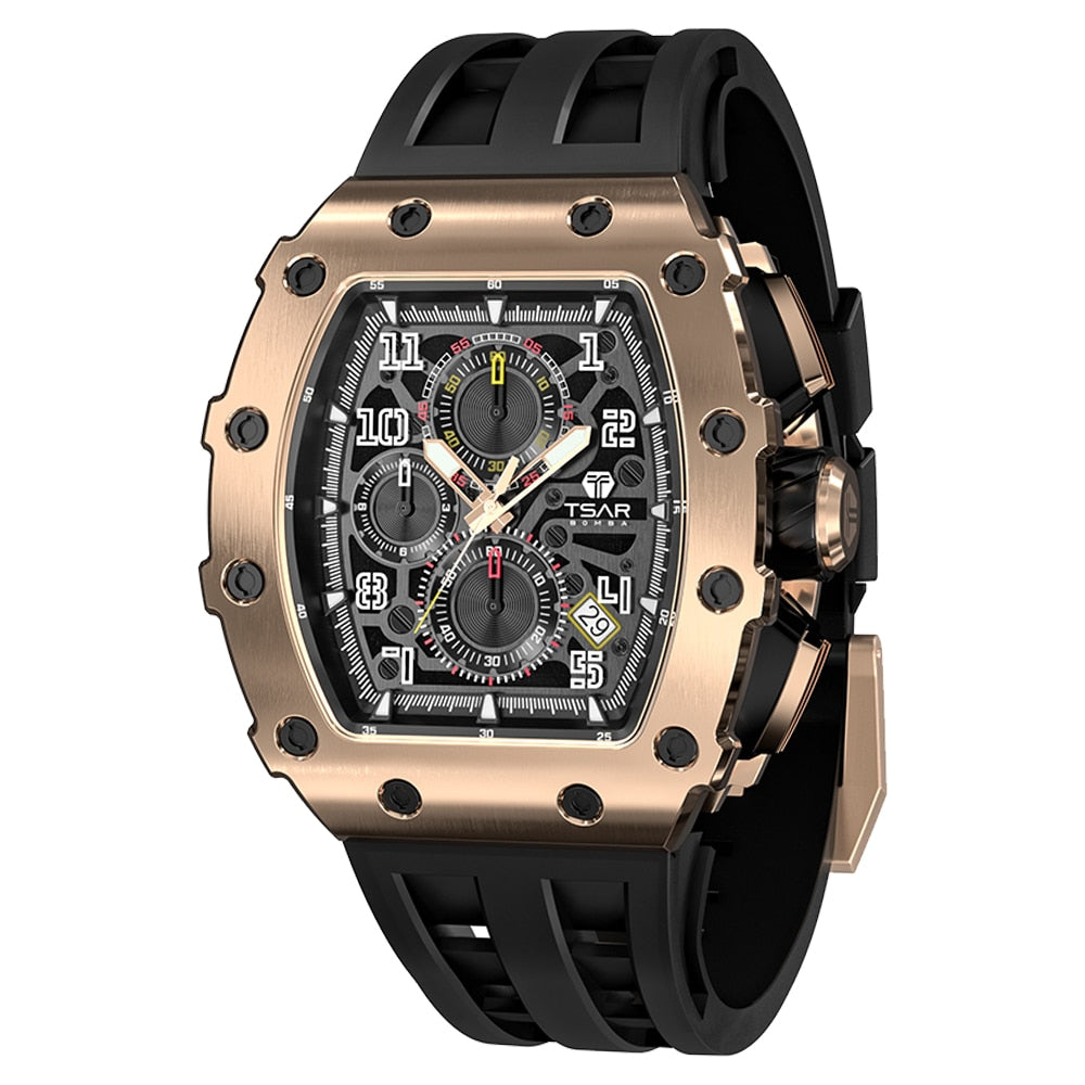 TSAR BOMBA Mens Watch Top Brand Luxury Tonneau Clock 50M Waterproof Stainless Steel Wristwatch Sport Chronograph Watch for Men