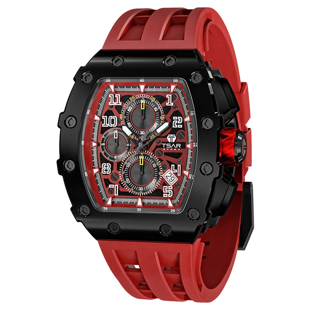 TSAR BOMBA Mens Watch Top Brand Luxury Tonneau Clock 50M Waterproof Stainless Steel Wristwatch Sport Chronograph Watch for Men