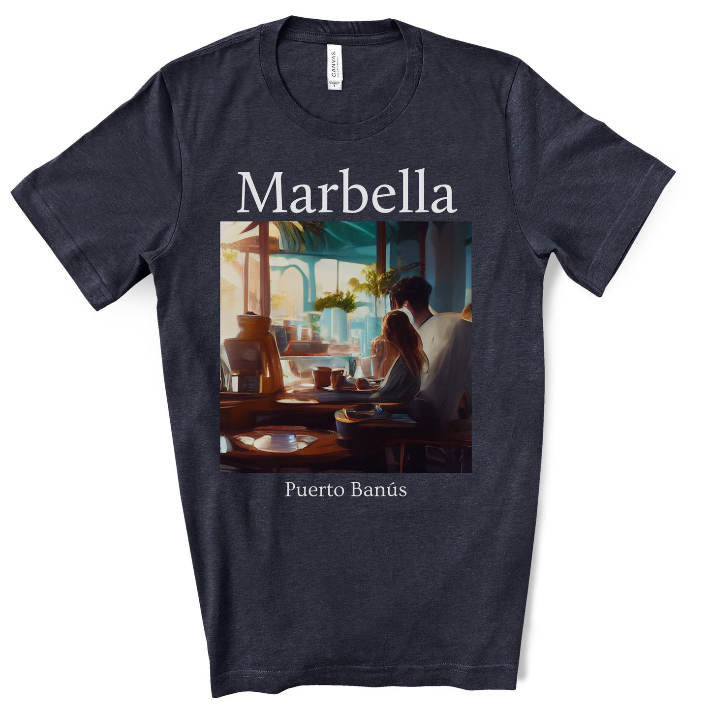 Coffee At Puerto Banús In Marbella Spain - Original Art. Unisex Jersey Short Sleeve Tee.