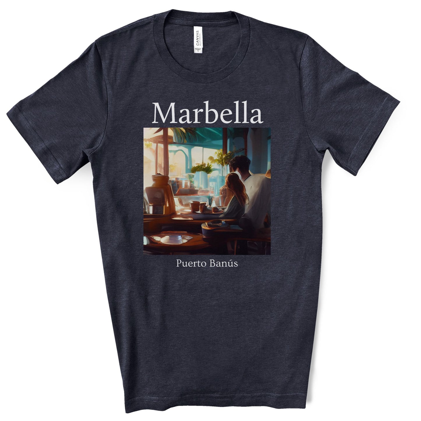 Coffee At Puerto Banús In Marbella Spain - Original Art. Unisex Jersey Short Sleeve Tee.