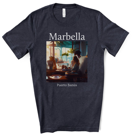Coffee At Puerto Banús In Marbella Spain - Original Art. Unisex Jersey Short Sleeve Tee.