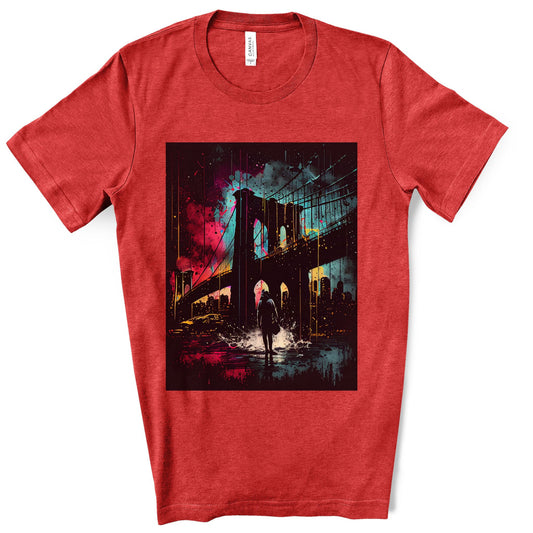 Night At The New York Historic Brooklyn Bridge. Original Art. Unisex Jersey Short Sleeve Tee.