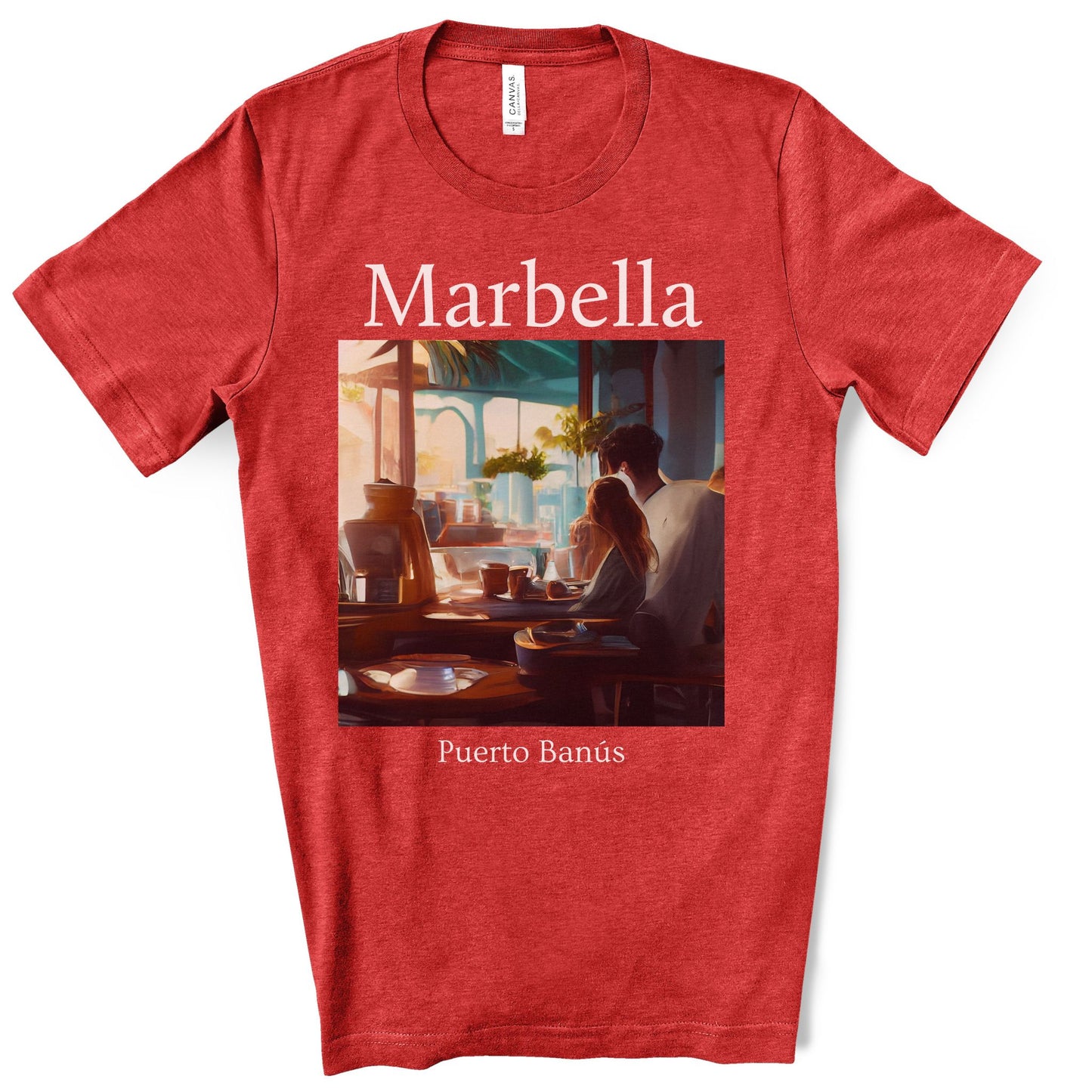 Coffee At Puerto Banús In Marbella Spain - Original Art. Unisex Jersey Short Sleeve Tee.