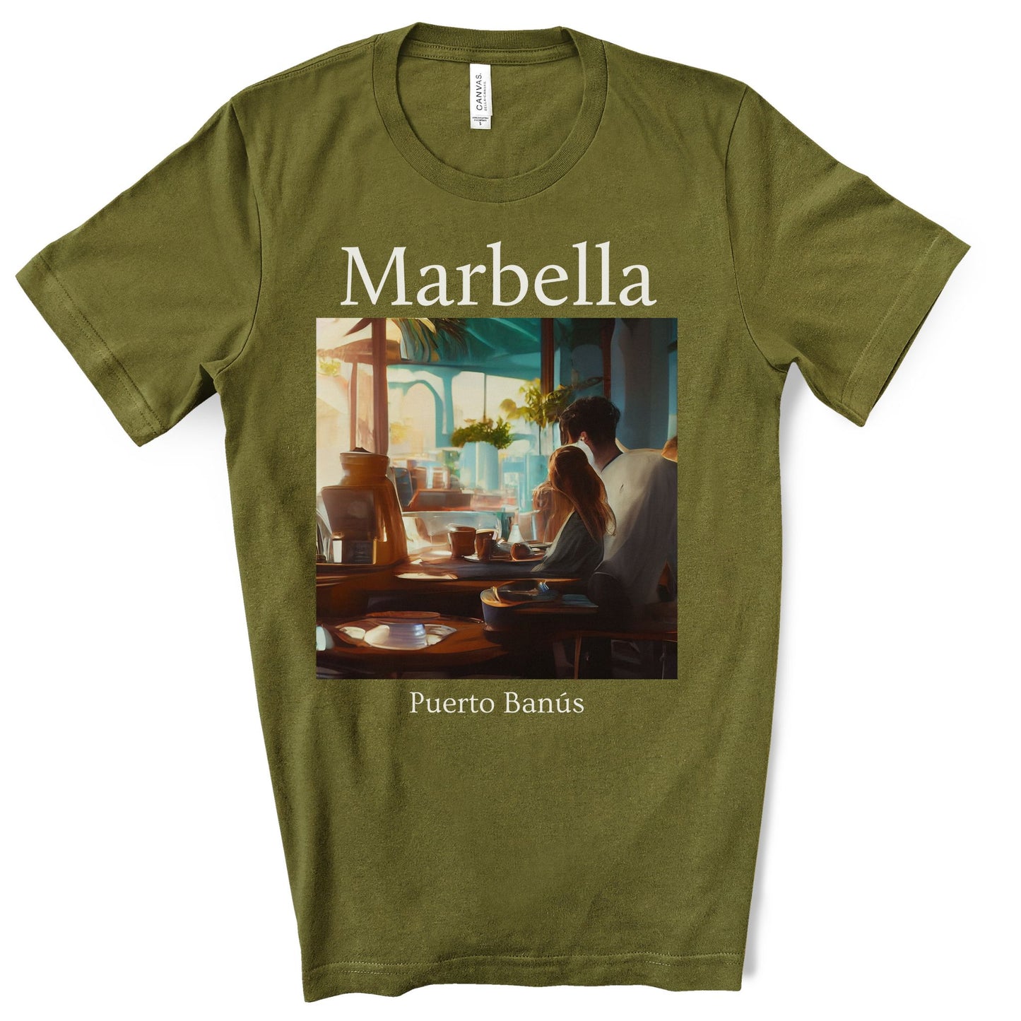 Coffee At Puerto Banús In Marbella Spain - Original Art. Unisex Jersey Short Sleeve Tee.