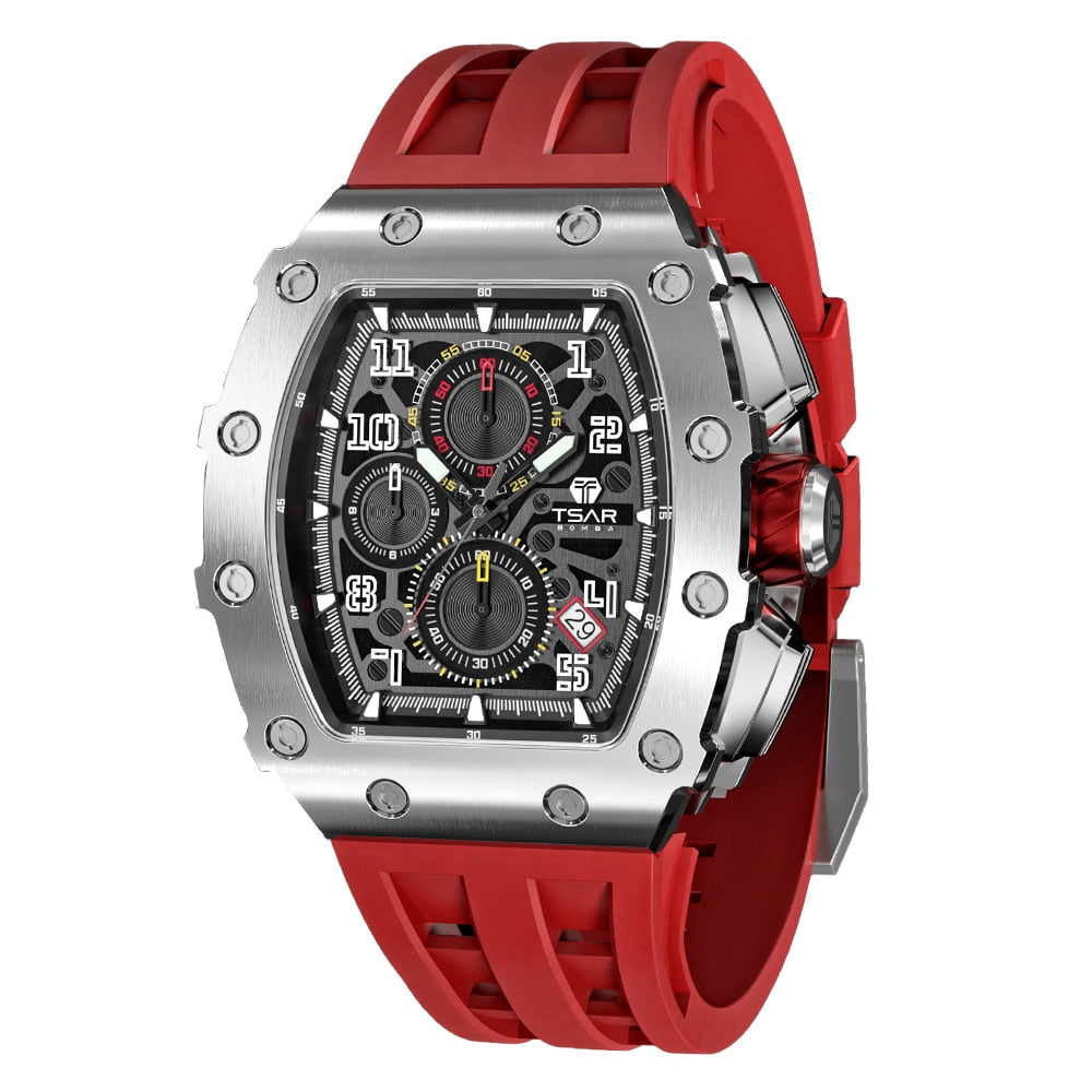 TSAR BOMBA Mens Watch Top Brand Luxury Tonneau Clock 50M Waterproof Stainless Steel Wristwatch Sport Chronograph Watch for Men