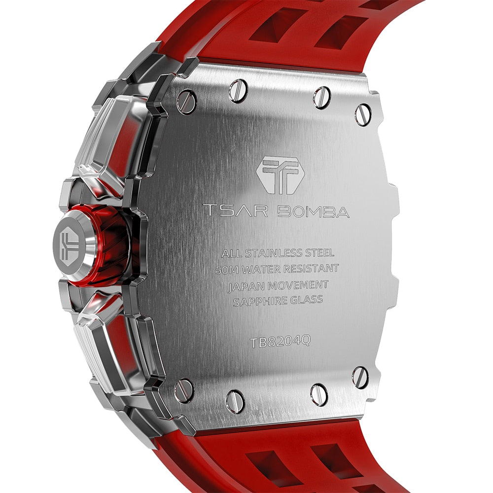 TSAR BOMBA Mens Watch Top Brand Luxury Tonneau Clock 50M Waterproof Stainless Steel Wristwatch Sport Chronograph Watch for Men