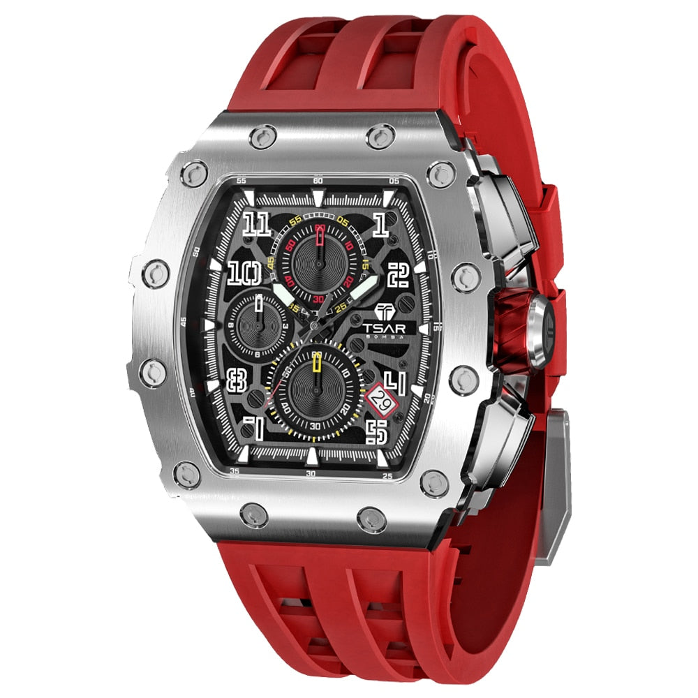 TSAR BOMBA Mens Watch Top Brand Luxury Tonneau Clock 50M Waterproof Stainless Steel Wristwatch Sport Chronograph Watch for Men