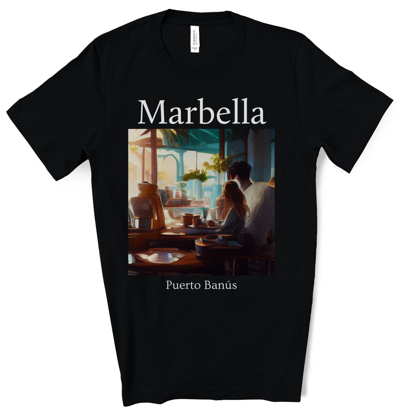 Coffee At Puerto Banús In Marbella Spain - Original Art. Unisex Jersey Short Sleeve Tee.
