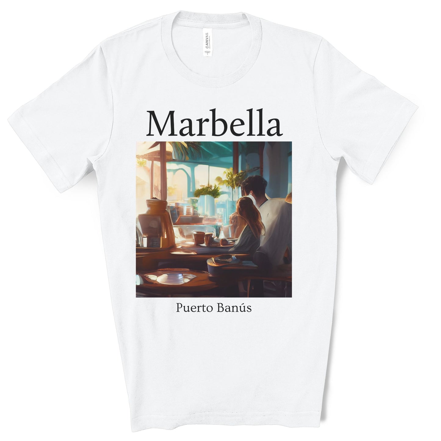 Coffee At Puerto Banús In Marbella Spain - Original Art. Unisex Jersey Short Sleeve Tee.