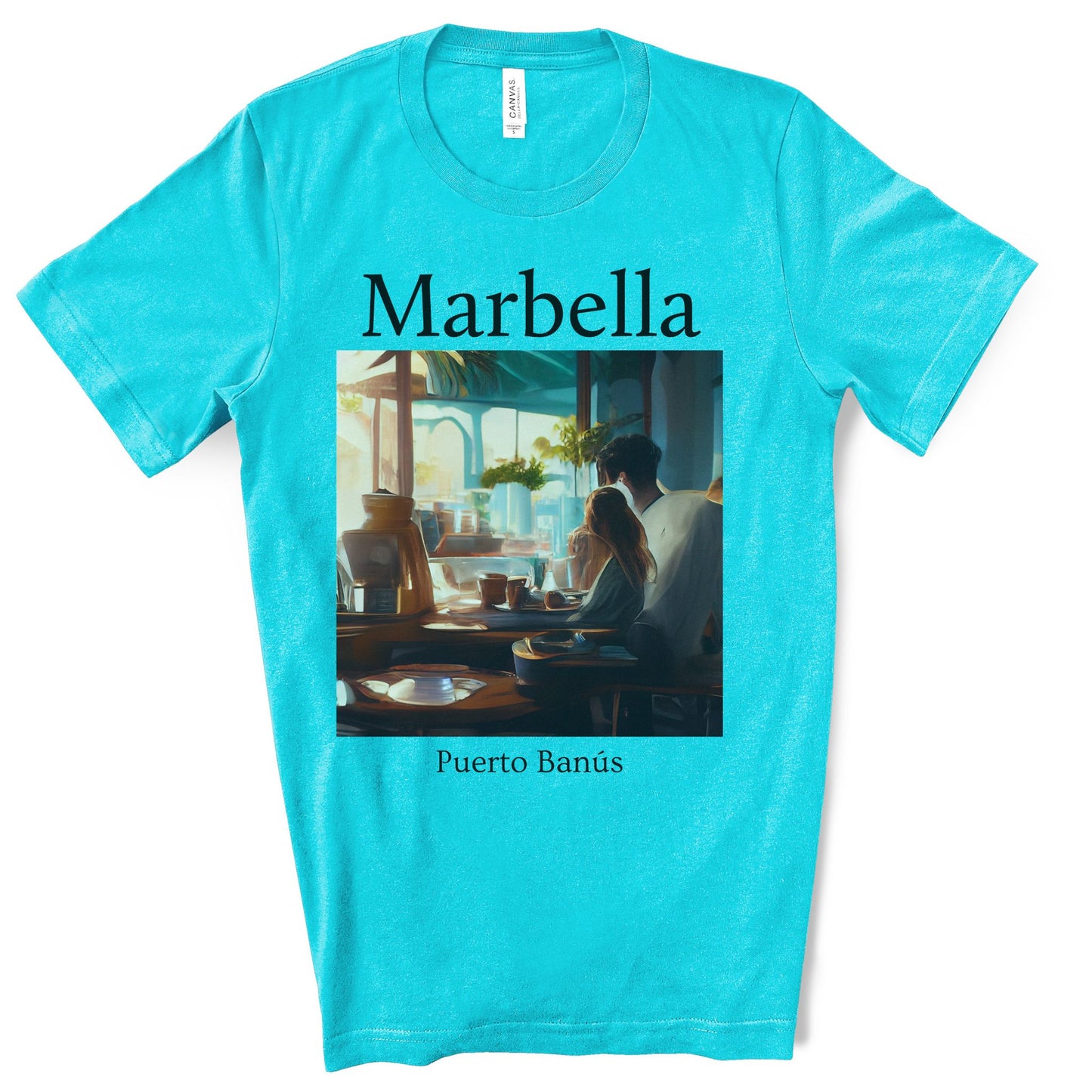 Coffee At Puerto Banús In Marbella Spain - Original Art. Unisex Jersey Short Sleeve Tee.