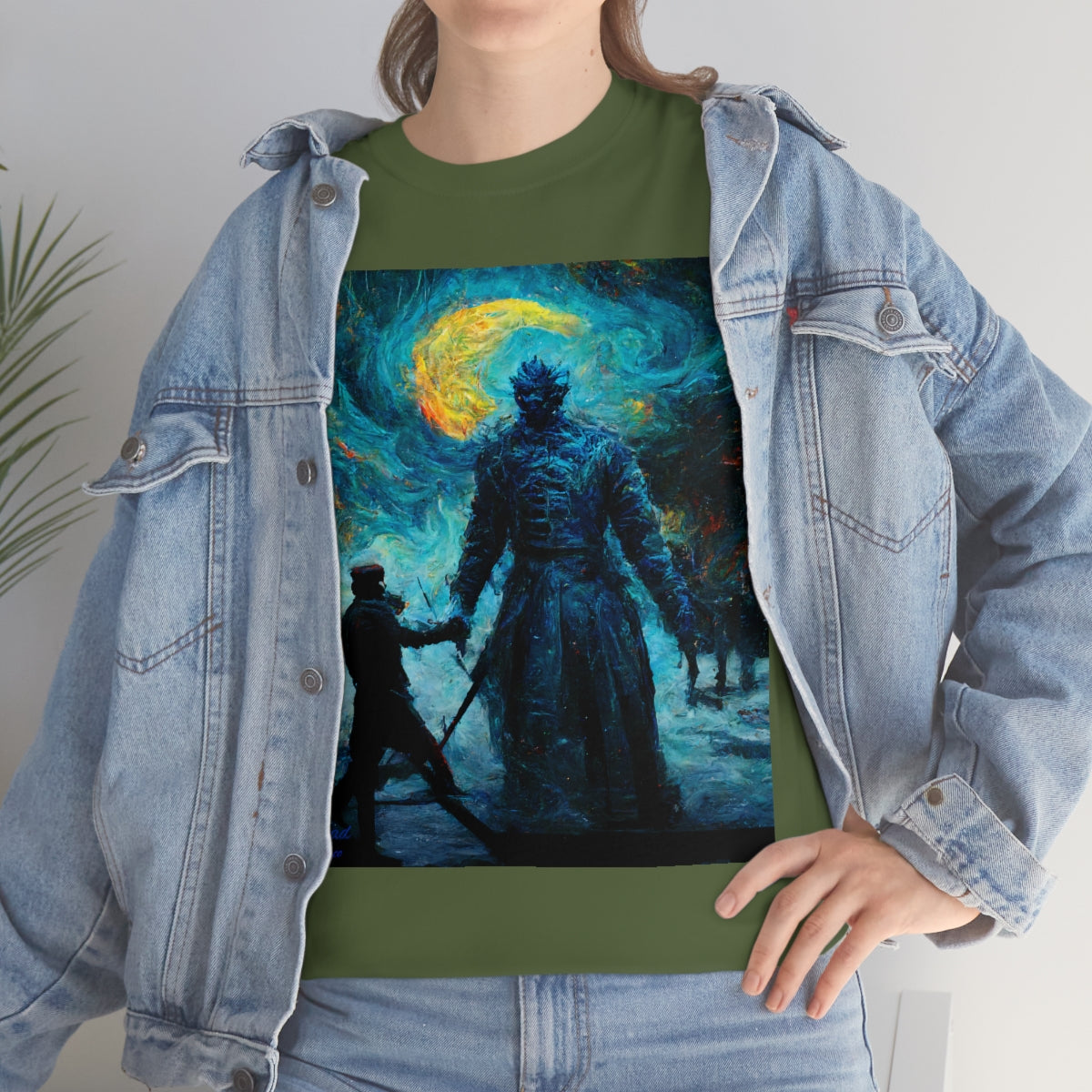 Starry Night Van Gogh and GoT Original Art. Night King Final Battle with Not Today Inscribed In The Back. Unisex Heavy Cotton Tee.