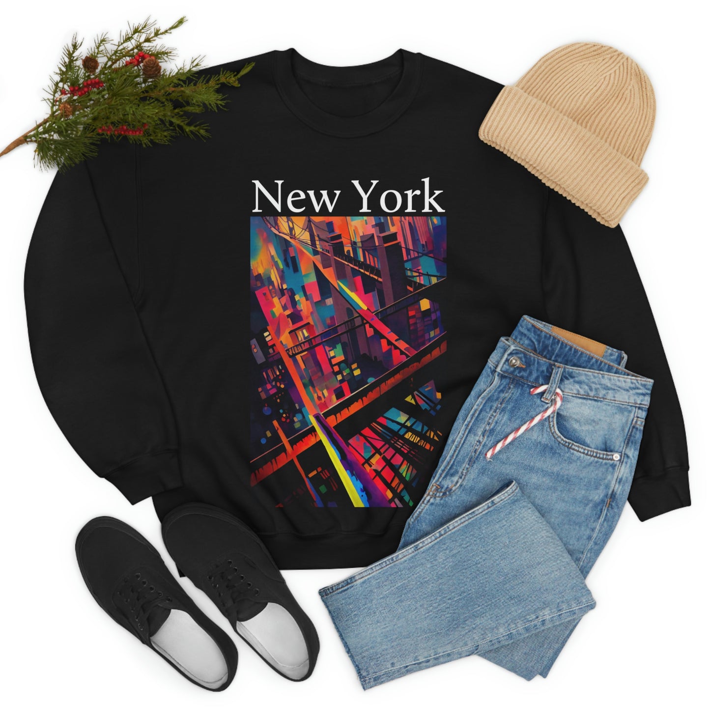 New York Historic Brooklyn Bridge In A Cubism Original Art. Unisex Heavy Blend Crewneck Sweatshirt.