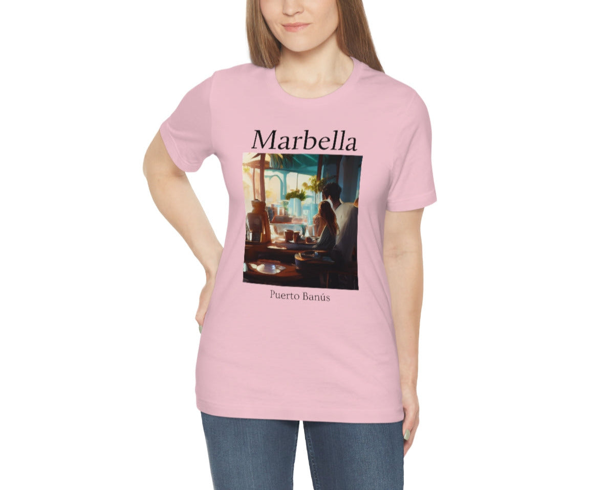 Coffee At Puerto Banús In Marbella Spain - Original Art. Unisex Jersey Short Sleeve Tee.