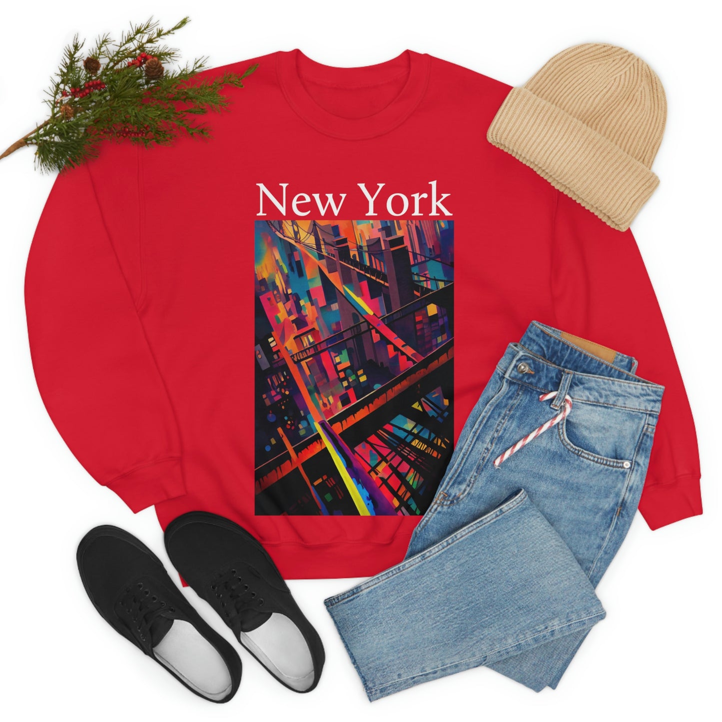 New York Historic Brooklyn Bridge In A Cubism Original Art. Unisex Heavy Blend Crewneck Sweatshirt.