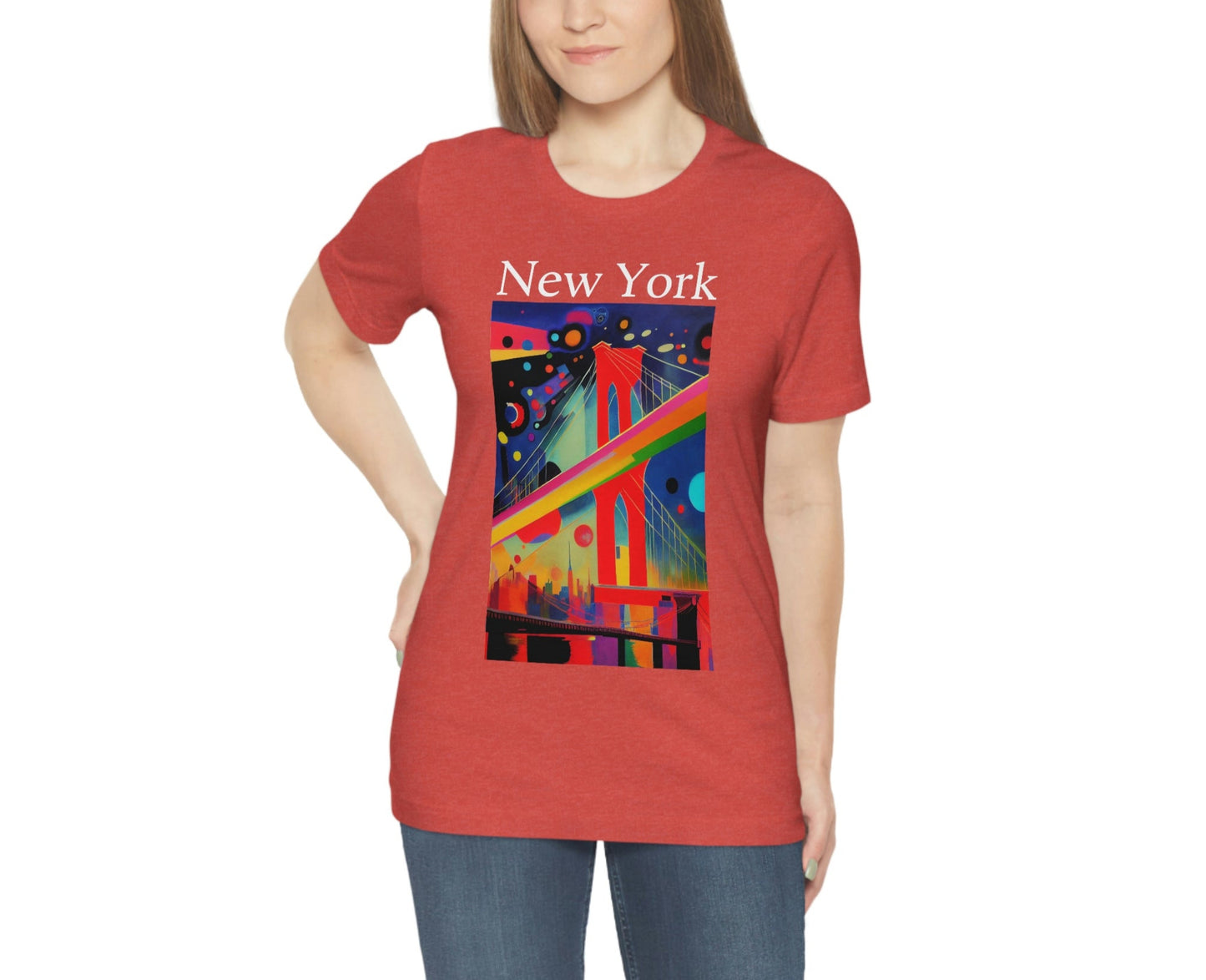 Colorful Night At The Brooklyn Bridge, New York City. Original Art. Unisex Jersey Short Sleeve Tee.