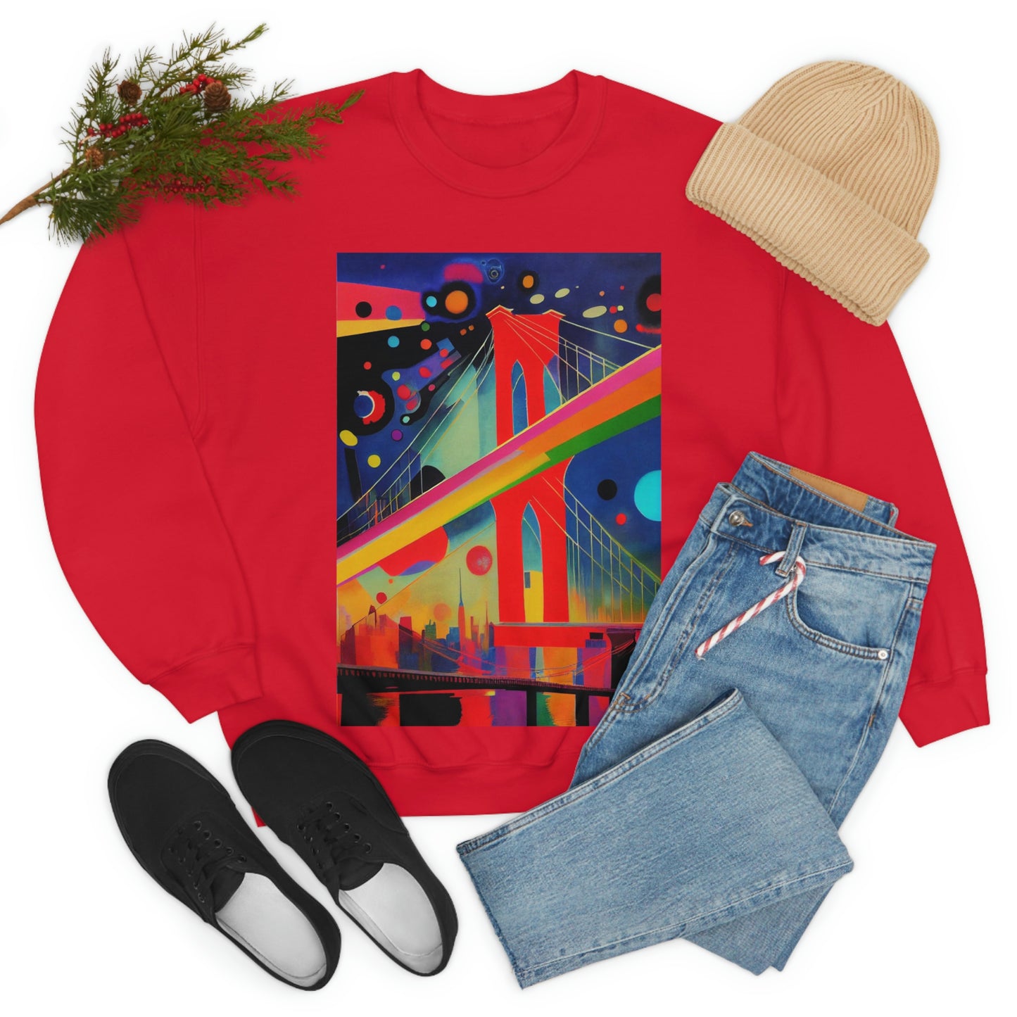 The Brooklyn Bridge, New York City. Cubism Original Art. Unisex Heavy Blend Crewneck Sweatshirt.