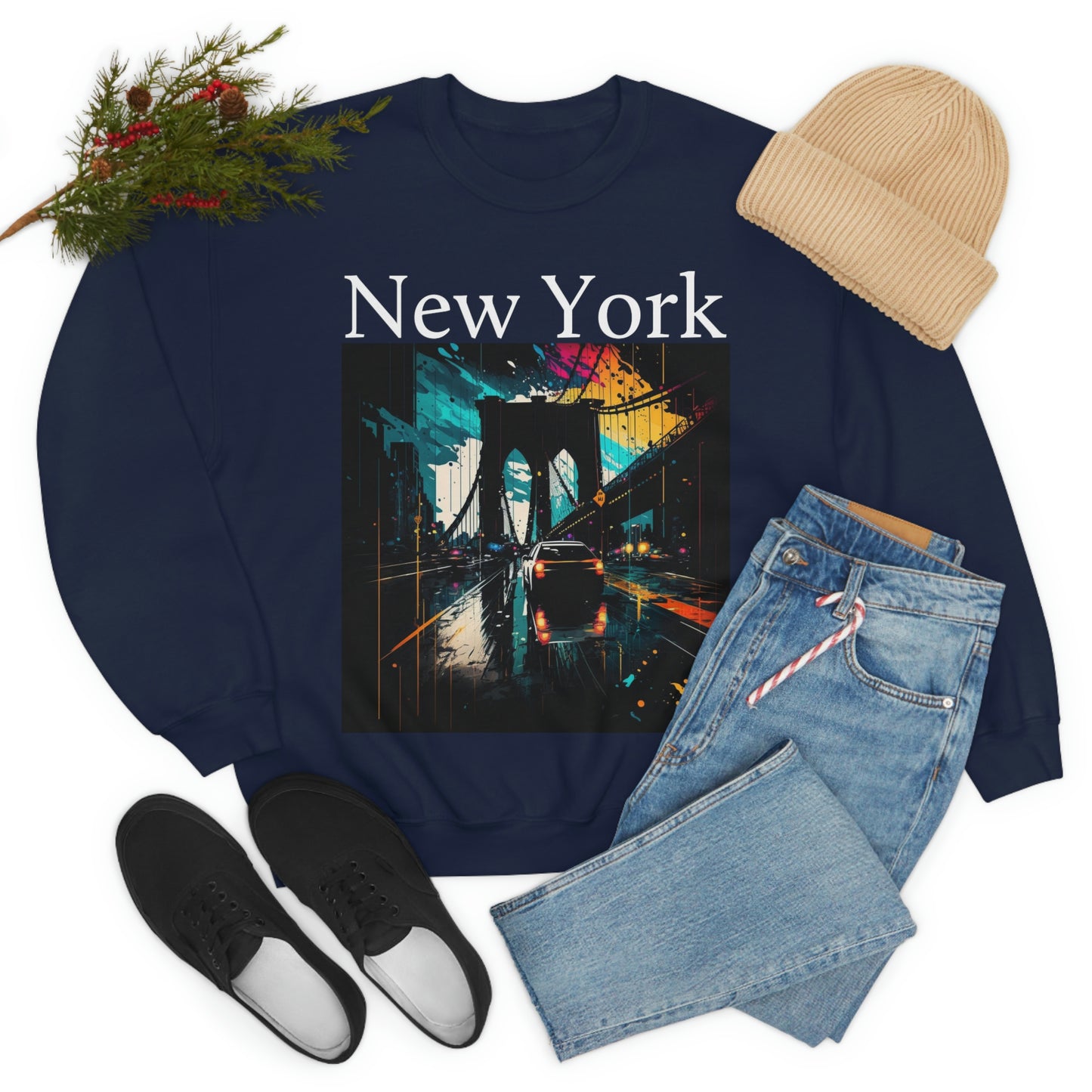 Rushing The Brooklyn Bridge In New York City. Original Art. Unisex Heavy Blend Crewneck Sweatshirt.