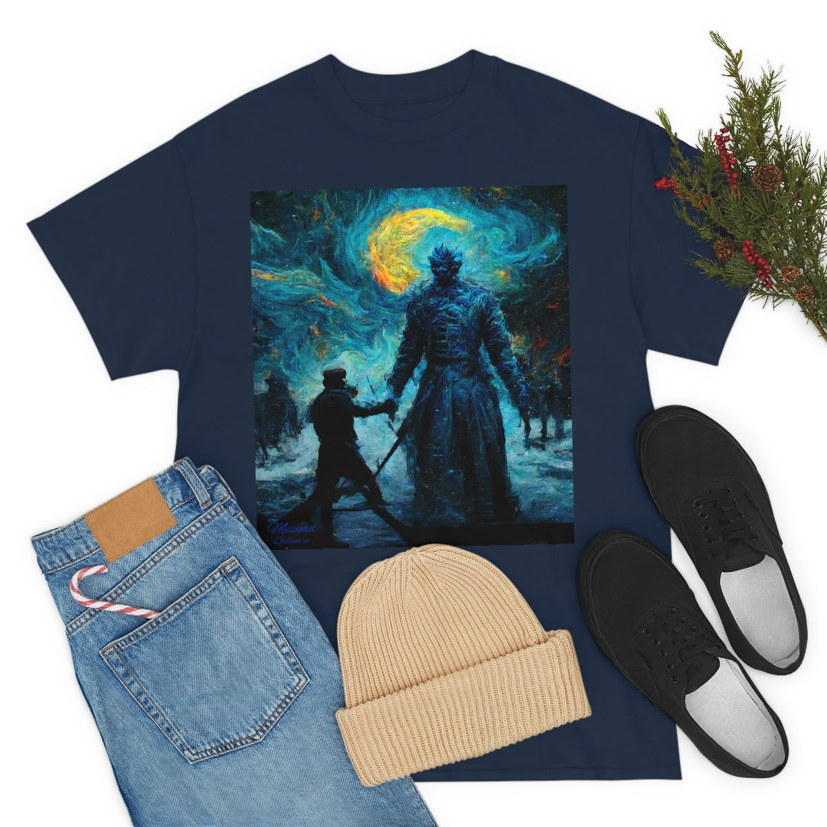 Starry Night Van Gogh and GoT Original Art. Night King Final Battle with Not Today Inscribed In The Back. Unisex Heavy Cotton Tee.