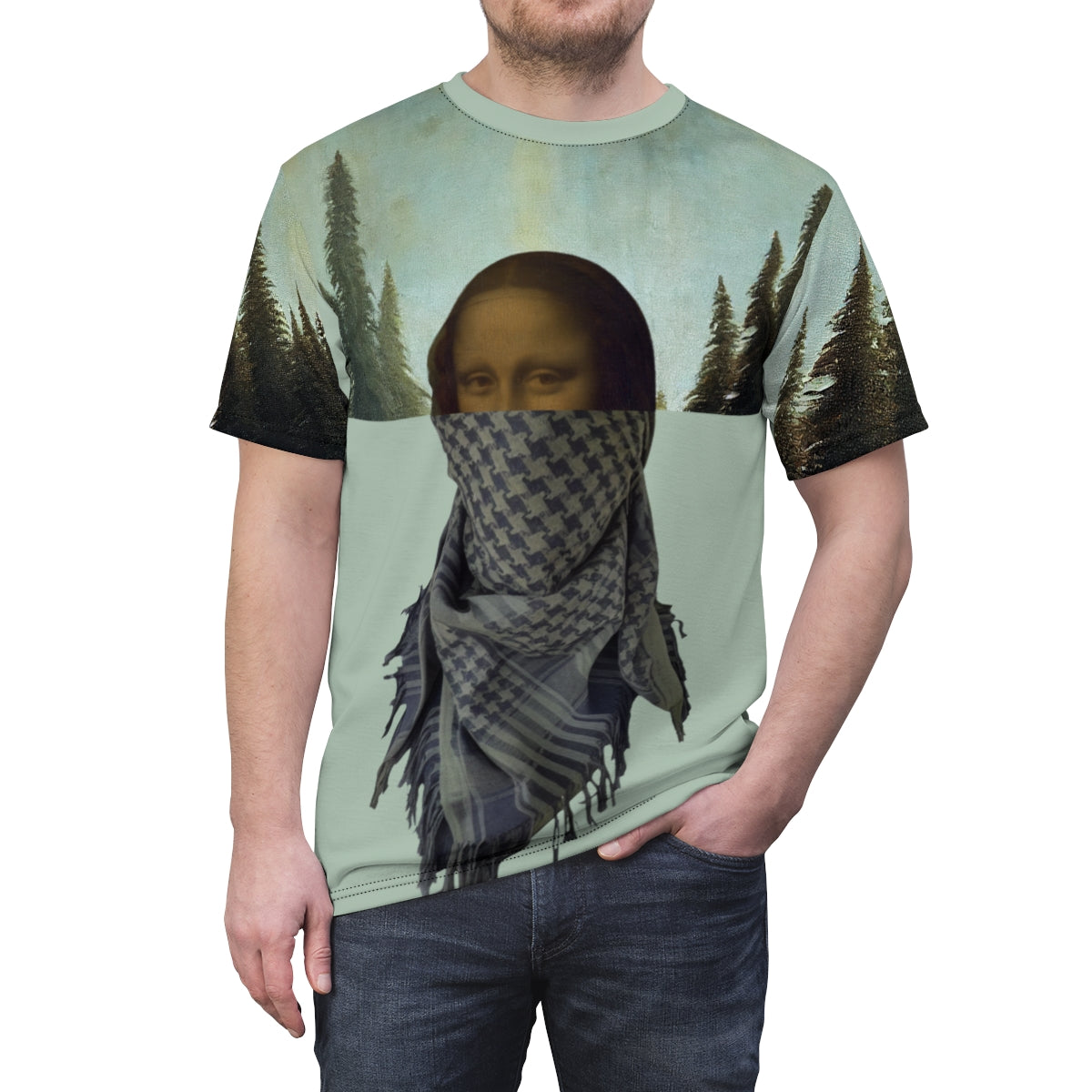 Mona Lisa Painting Showing Leonardo Da Vinci's Inner Rebellion. Unisex AOP Cut & Sew Tee