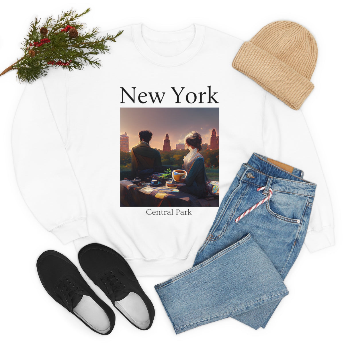 Coffee At Central Park In New York City - Original Art. Unisex Heavy Blend Crewneck Sweatshirt.