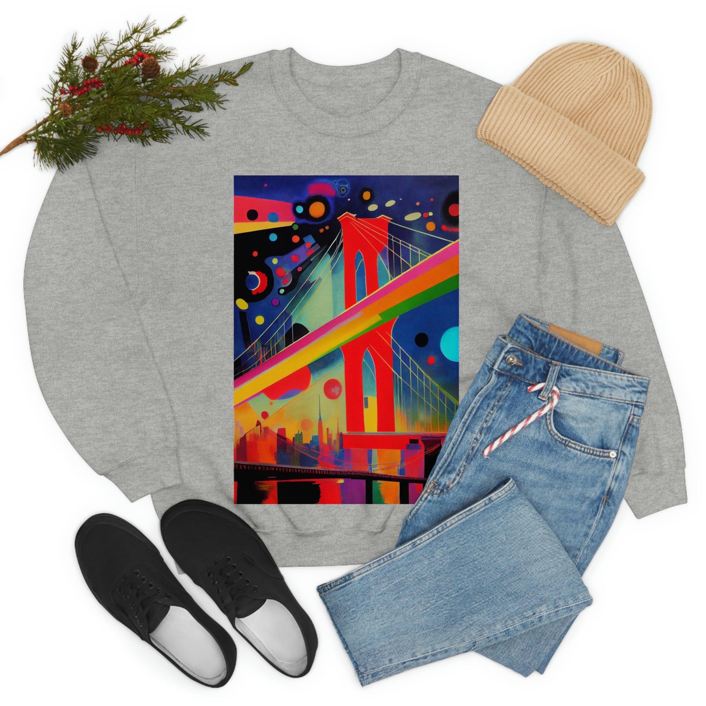 The Brooklyn Bridge, New York City. Cubism Original Art. Unisex Heavy Blend Crewneck Sweatshirt.