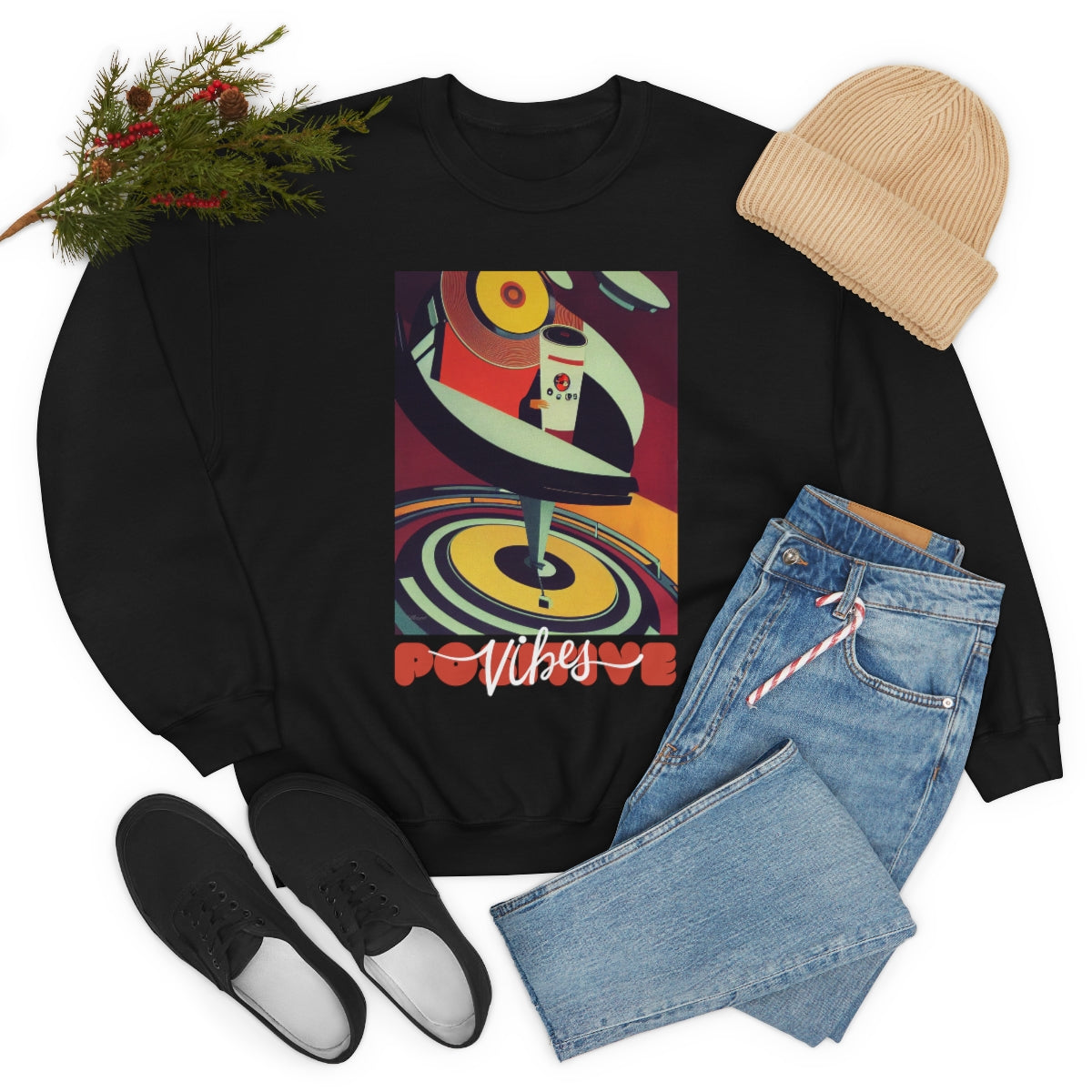 Positive Vibes - Retro Vinyl Music Records Original Art. Unisex Heavy Blend Crewneck Sweatshirt.