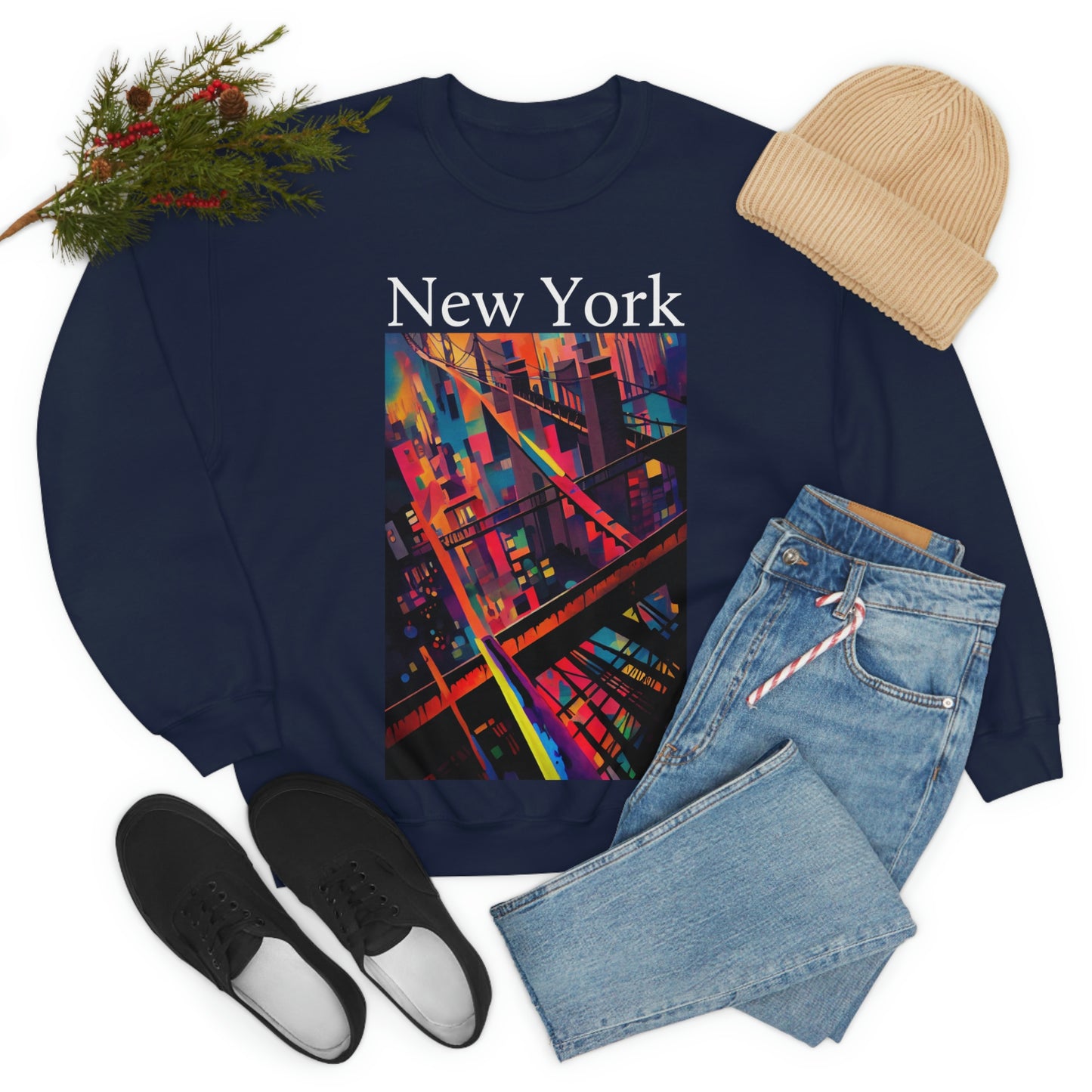 New York Historic Brooklyn Bridge In A Cubism Original Art. Unisex Heavy Blend Crewneck Sweatshirt.