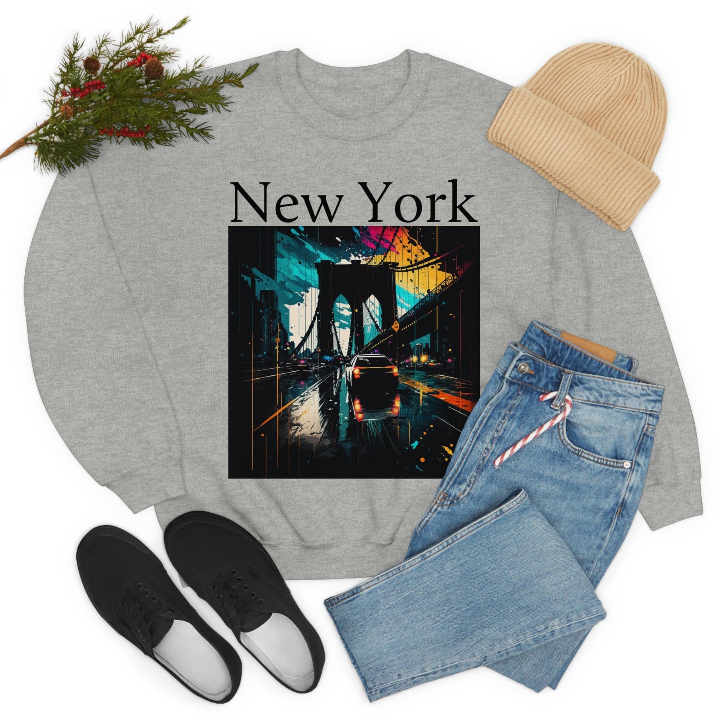 Rushing The Brooklyn Bridge In New York City. Original Art. Unisex Heavy Blend Crewneck Sweatshirt.
