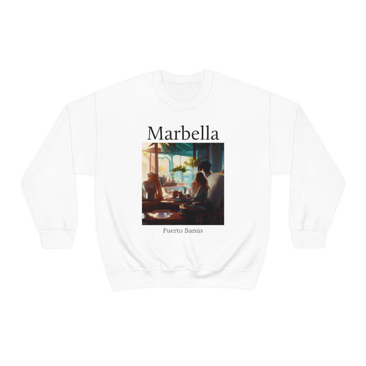 Coffee At Puerto Banús In Marbella Spain - Original Art. Unisex Heavy Blend Crewneck Sweatshirt.