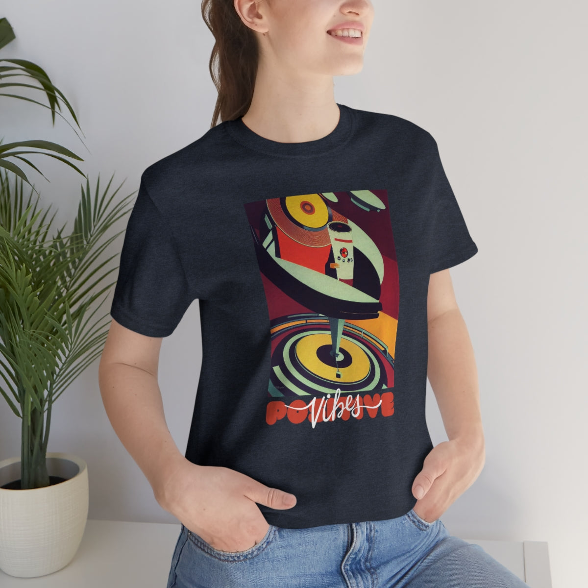 Positive Vibes - Retro Vinyl Music Records Original Art. Unisex Jersey Short Sleeve Tee.