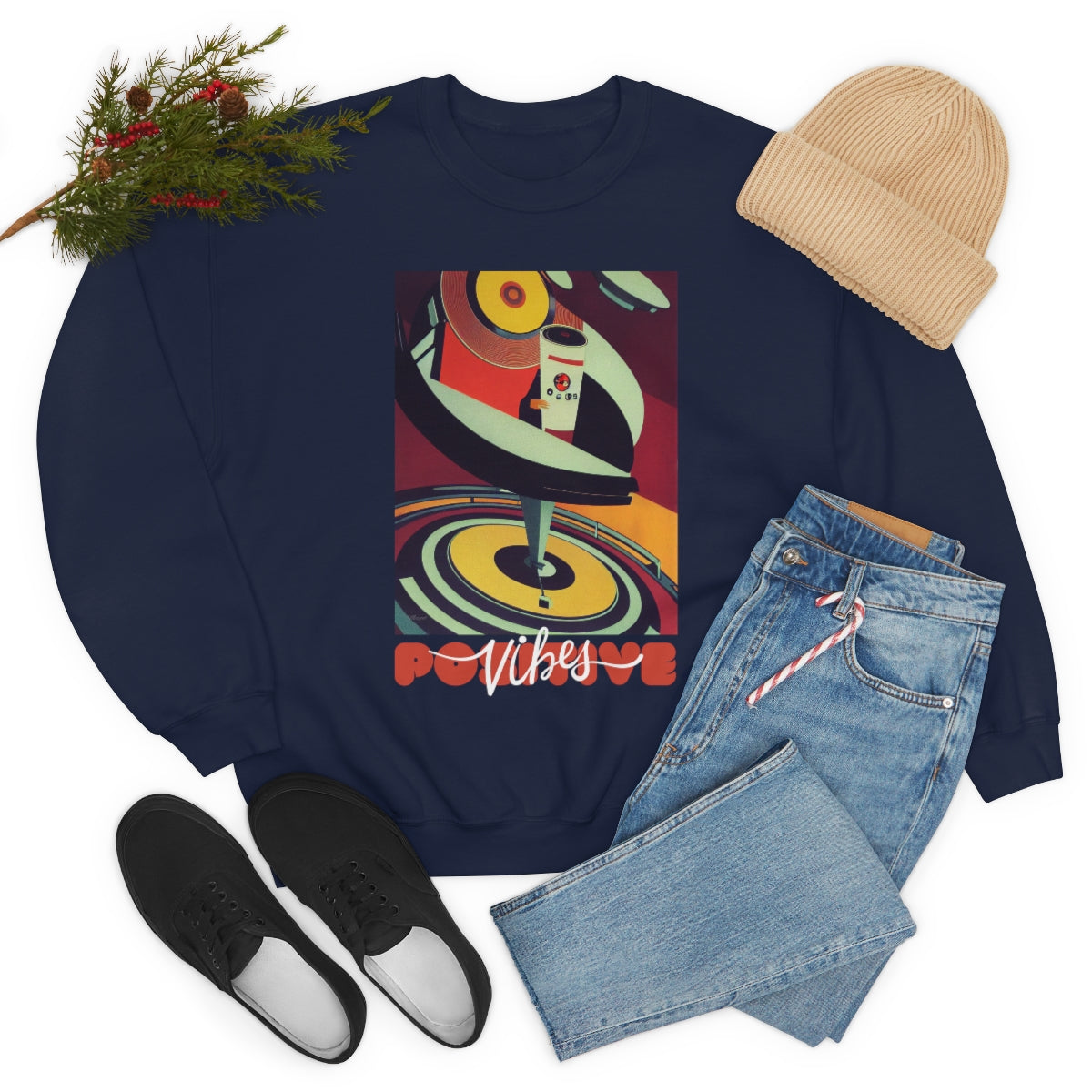 Positive Vibes - Retro Vinyl Music Records Original Art. Unisex Heavy Blend Crewneck Sweatshirt.