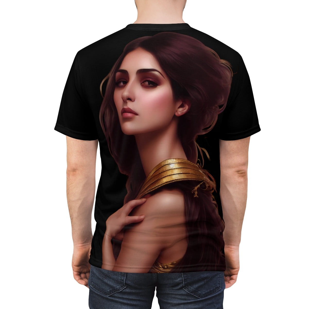 Out Of Your League. A Romantic Arabic Calligraphy With an Original Artwork in The Back. Unisex AOP Cut & Sew Tee.