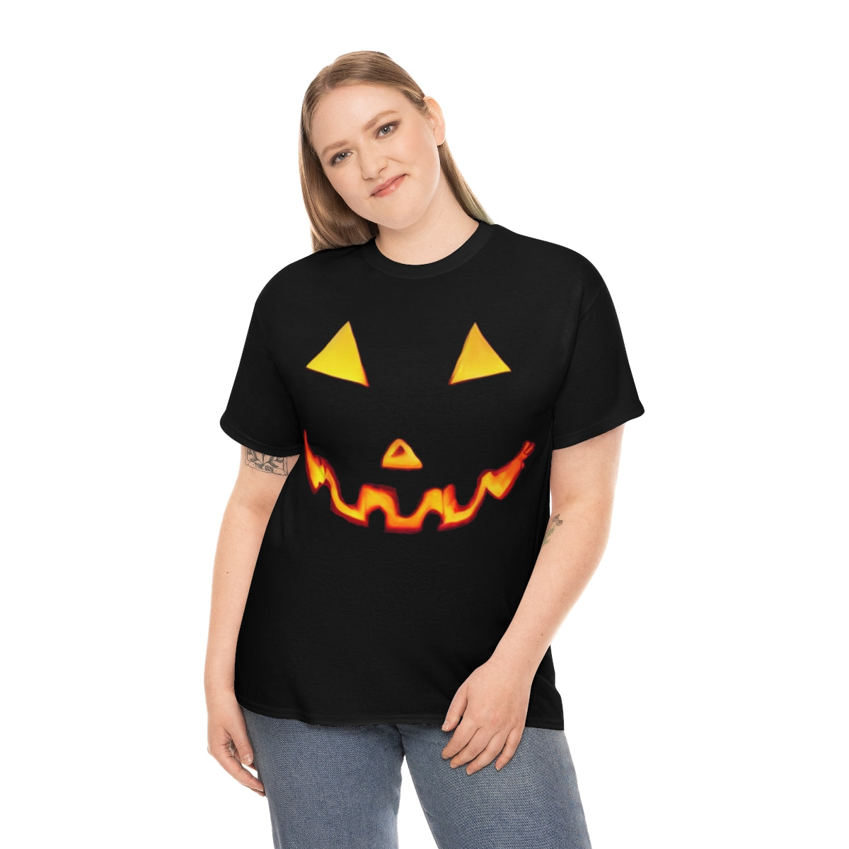 Giant Artistic Jack O' Lantern Face. Unisex Heavy Cotton Tee.