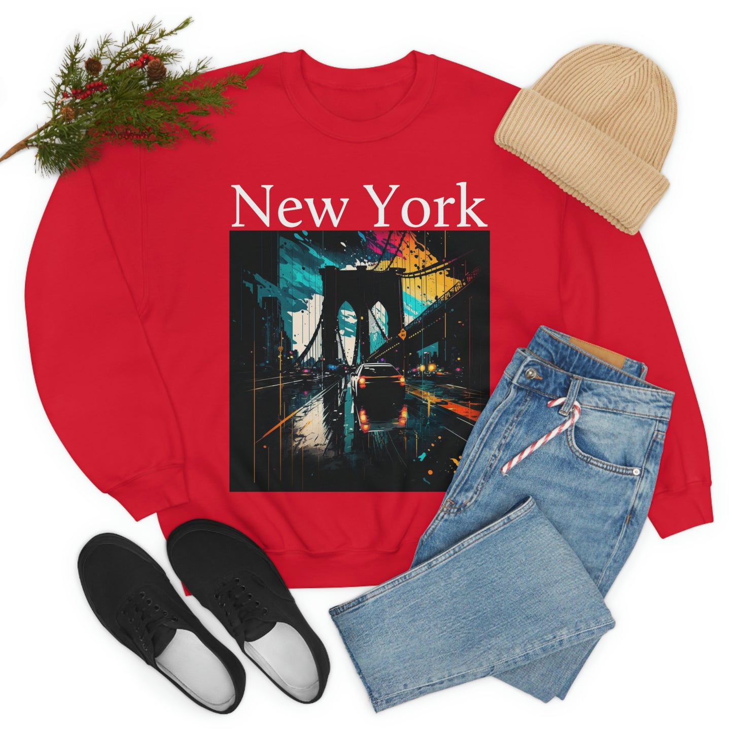 Rushing The Brooklyn Bridge In New York City. Original Art. Unisex Heavy Blend Crewneck Sweatshirt.